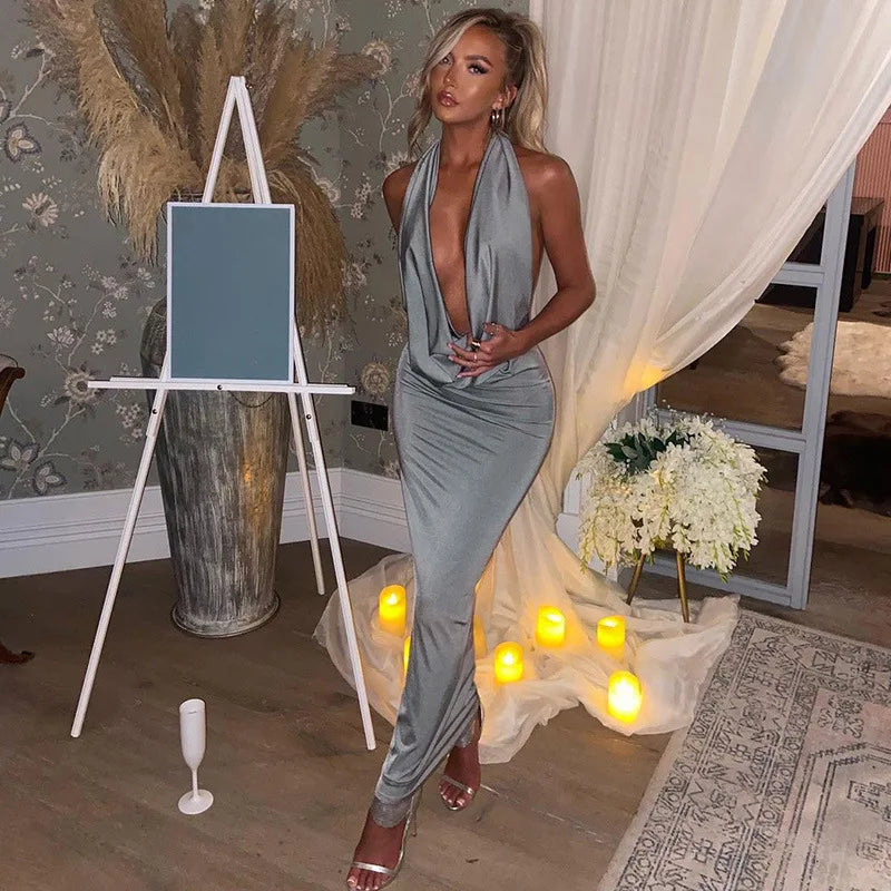 Elegant Halter Backless Party Outfits Evening Birthday Bodycon Maxi Dress