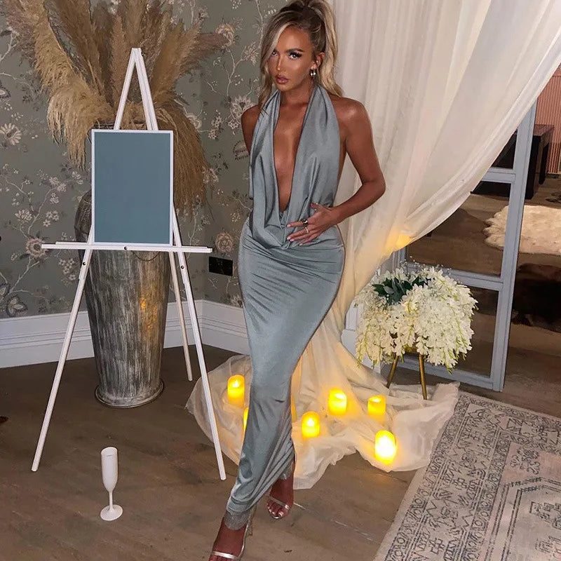 Elegant Halter Backless Party Outfits Evening Birthday Bodycon Maxi Dress