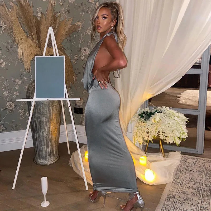 Elegant Halter Backless Party Outfits Evening Birthday Bodycon Maxi Dress