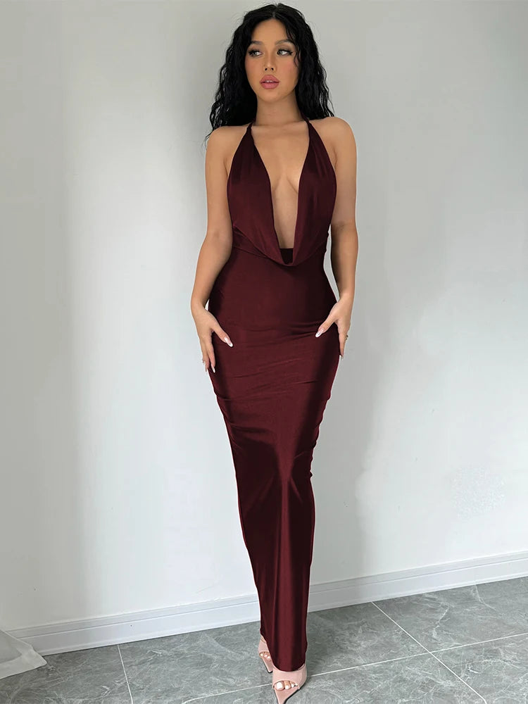 Elegant Halter Backless Party Outfits Evening Birthday Bodycon Maxi Dress