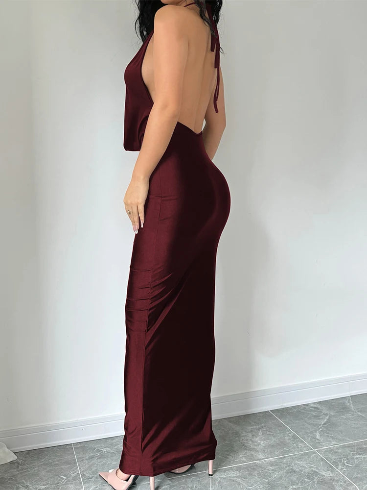 Elegant Halter Backless Party Outfits Evening Birthday Bodycon Maxi Dress