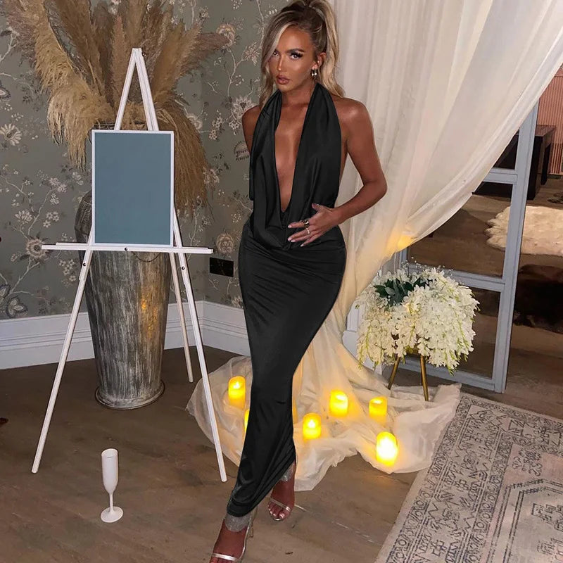 Elegant Halter Backless Party Outfits Evening Birthday Bodycon Maxi Dress