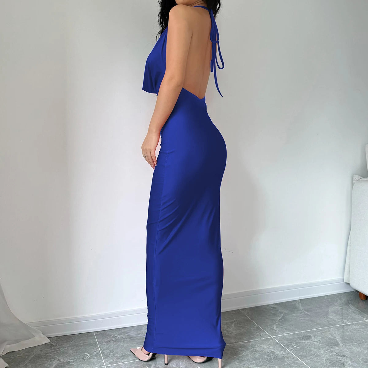 Elegant Halter Backless Party Outfits Evening Birthday Bodycon Maxi Dress