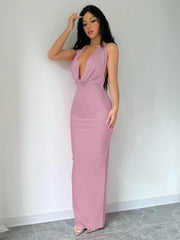 Elegant Halter Backless Party Outfits Evening Birthday Bodycon Maxi Dress