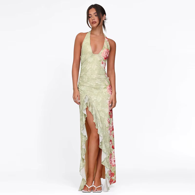 Elegant Halter Backless Print Deep V Neck Sleeveless Ruffled Maxi Dress
