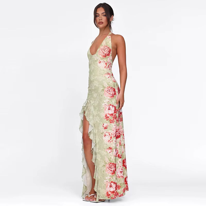 Elegant Halter Backless Print Deep V Neck Sleeveless Ruffled Maxi Dress