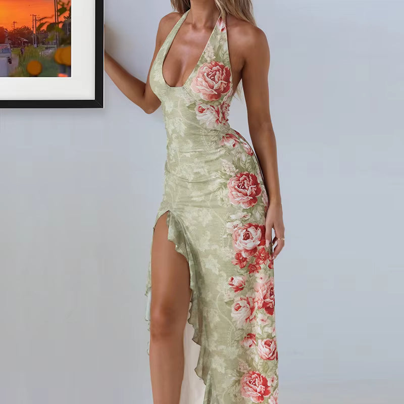 Elegant Halter Backless Print Deep V Neck Sleeveless Ruffled Maxi Dress