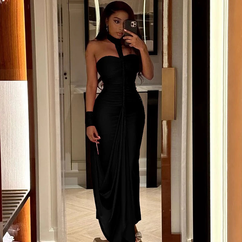 Elegant Halter Backless Skinny Hand Strap Hem Trend Vacation Birthday Party Maxi Dress