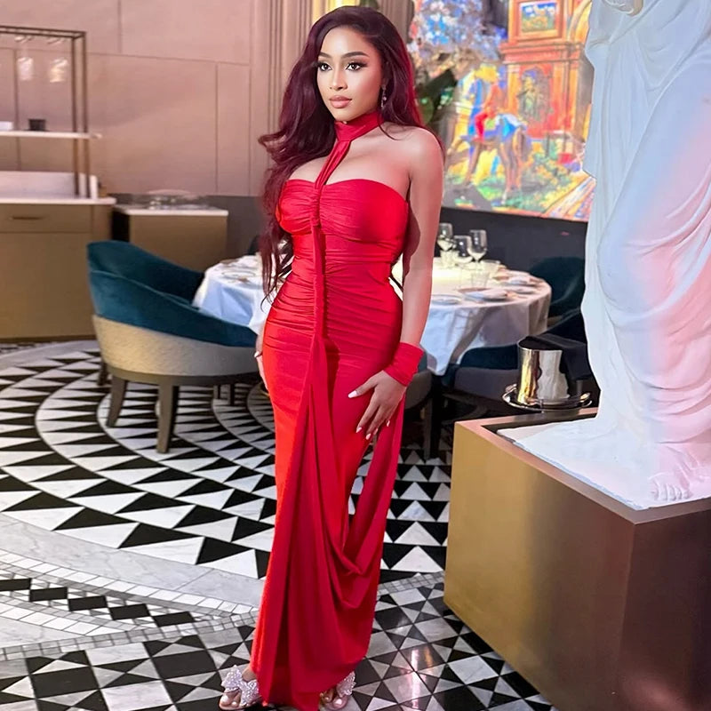 Elegant Halter Backless Skinny Hand Strap Hem Trend Vacation Birthday Party Maxi Dress
