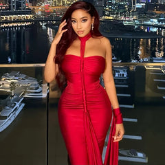 Elegant Halter Backless Skinny Hand Strap Hem Trend Vacation Birthday Party Maxi Dress