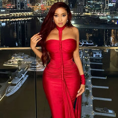 Elegant Halter Backless Skinny Hand Strap Hem Trend Vacation Birthday Party Maxi Dress
