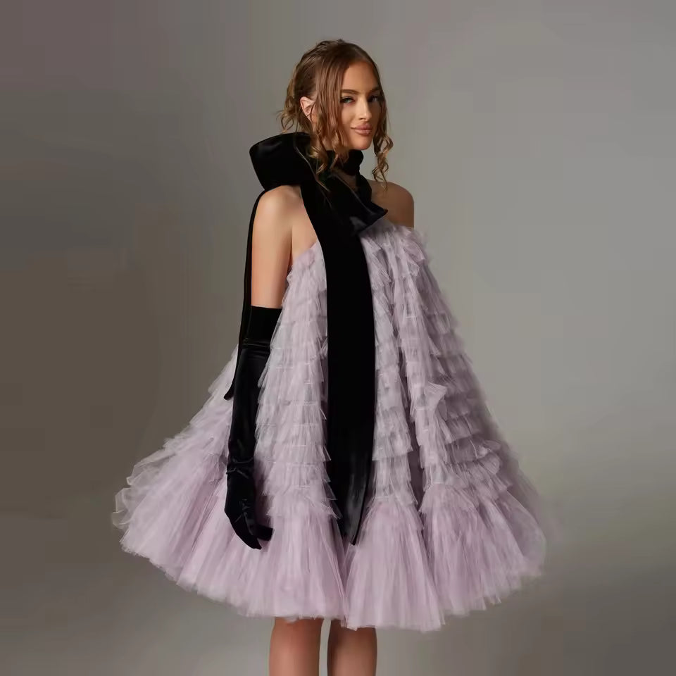 Elegant Halter Birthday Party Fluffy Slight Stretch Mini Dress