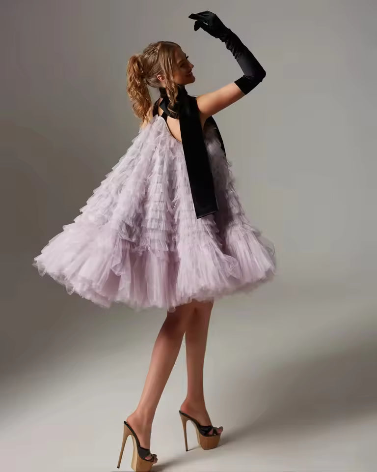Elegant Halter Birthday Party Fluffy Slight Stretch Mini Dress