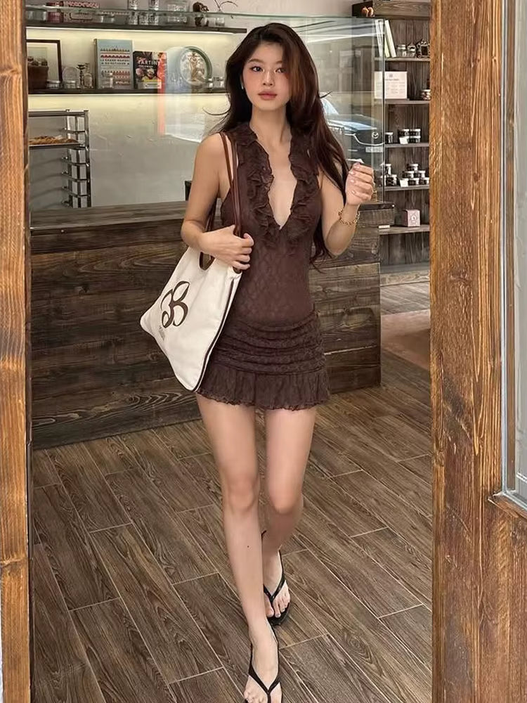 Elegant Halter Dark Lines Skinny Three-Dimensional Flowers Bodycon Mini Dress
