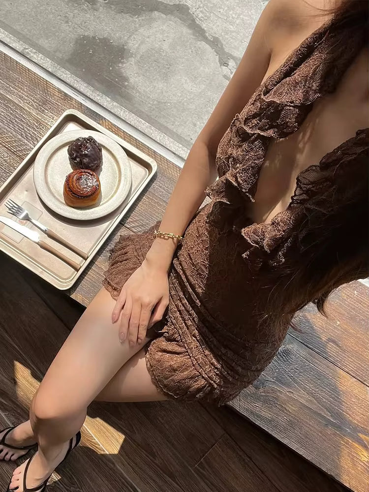 Elegant Halter Dark Lines Skinny Three-Dimensional Flowers Bodycon Mini Dress