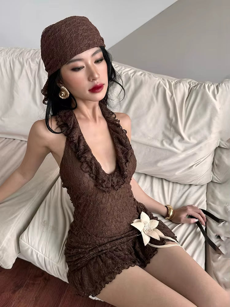 Elegant Halter Dark Lines Skinny Three-Dimensional Flowers Bodycon Mini Dress