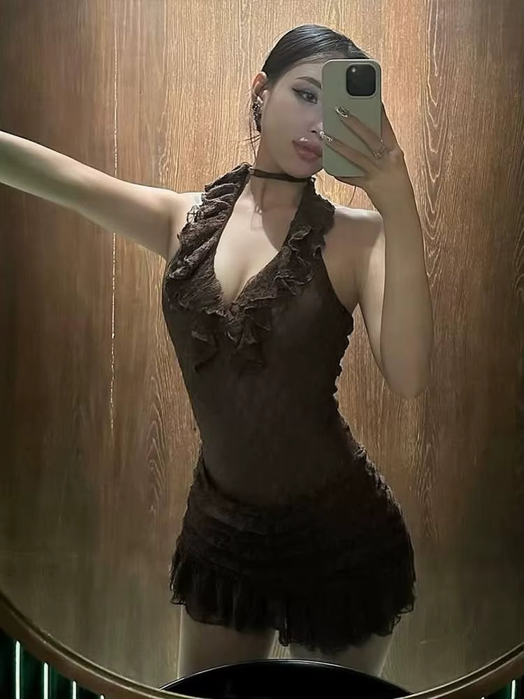 Elegant Halter Dark Lines Skinny Three-Dimensional Flowers Bodycon Mini Dress
