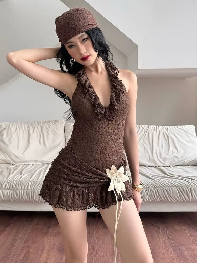 Elegant Halter Dark Lines Skinny Three-Dimensional Flowers Bodycon Mini Dress