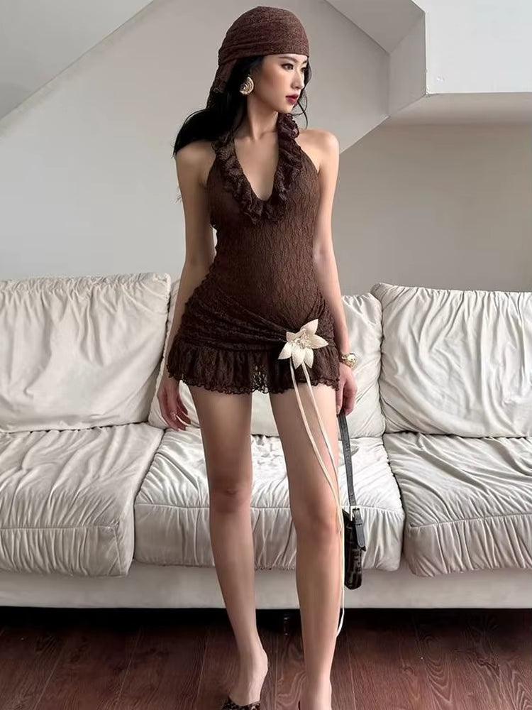 Elegant Halter Dark Lines Skinny Three-Dimensional Flowers Bodycon Mini Dress