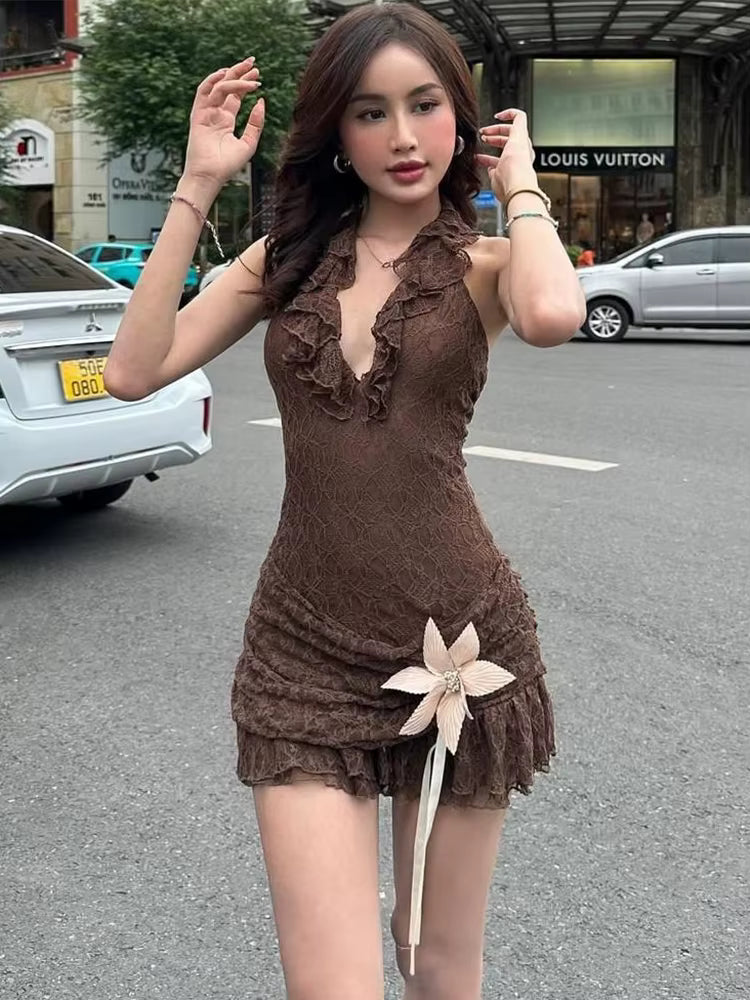 Elegant Halter Dark Lines Skinny Three-Dimensional Flowers Bodycon Mini Dress