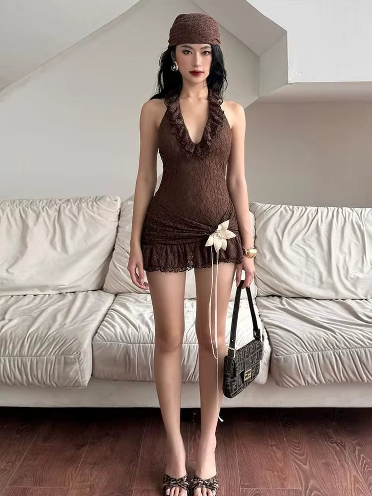 Elegant Halter Dark Lines Skinny Three-Dimensional Flowers Bodycon Mini Dress