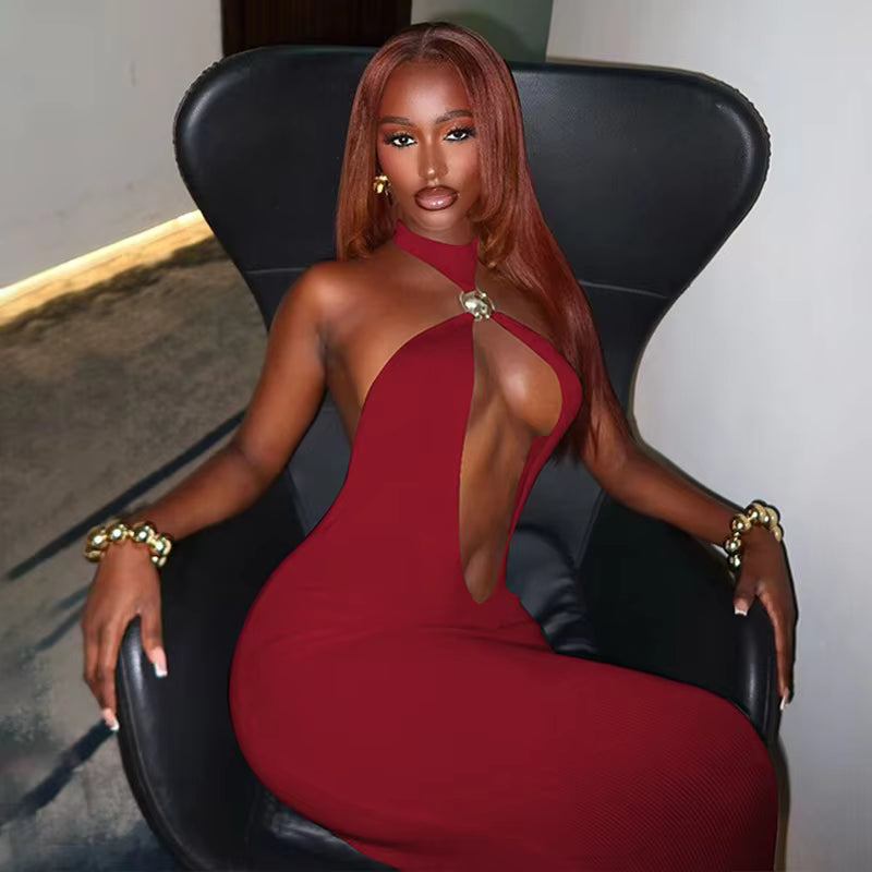 Elegant Halter Hollow Out Off-shoulder Backless Bodycon Maxi Dress