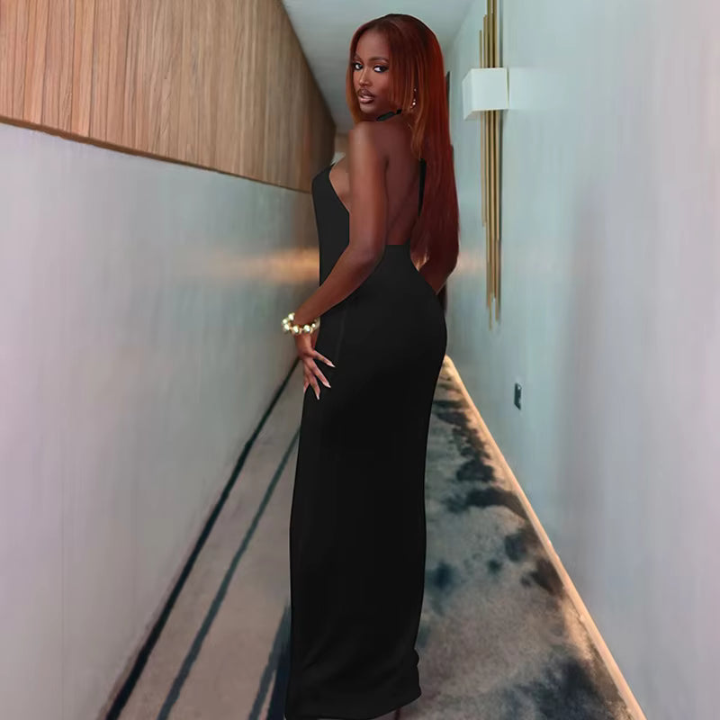 Elegant Halter Hollow Out Off-shoulder Backless Bodycon Maxi Dress