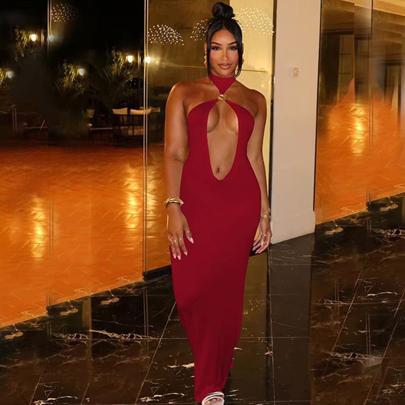 Elegant Halter Hollow Out Off-shoulder Backless Bodycon Maxi Dress