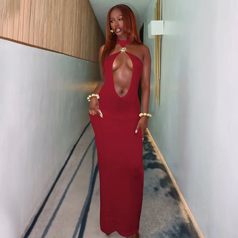 Elegant Halter Hollow Out Off-shoulder Backless Bodycon Maxi Dress