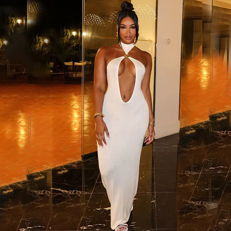 Elegant Halter Hollow Out Off-shoulder Backless Bodycon Maxi Dress