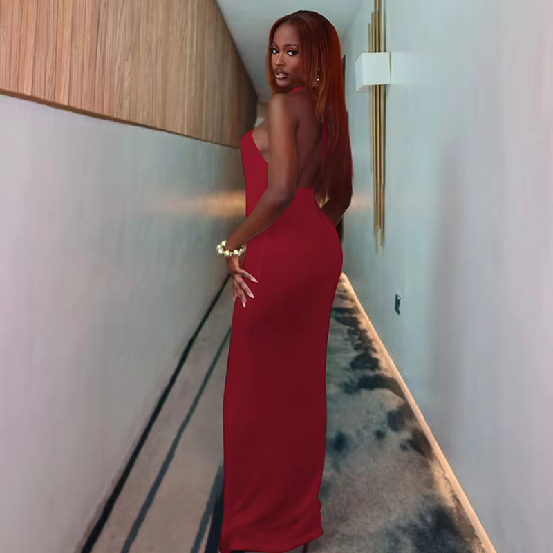 Elegant Halter Hollow Out Off-shoulder Backless Bodycon Maxi Dress
