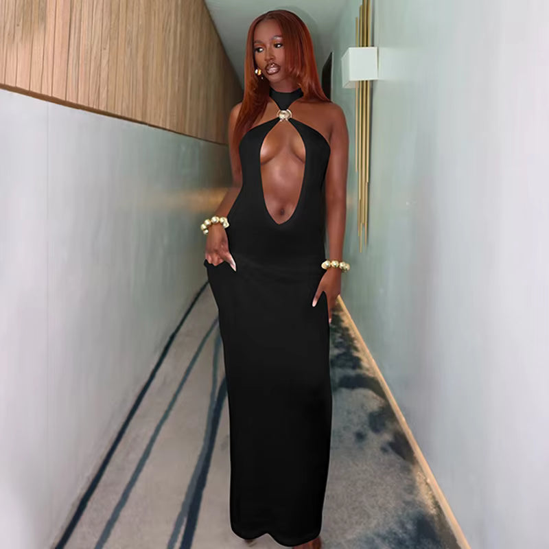 Elegant Halter Hollow Out Off-shoulder Backless Bodycon Maxi Dress