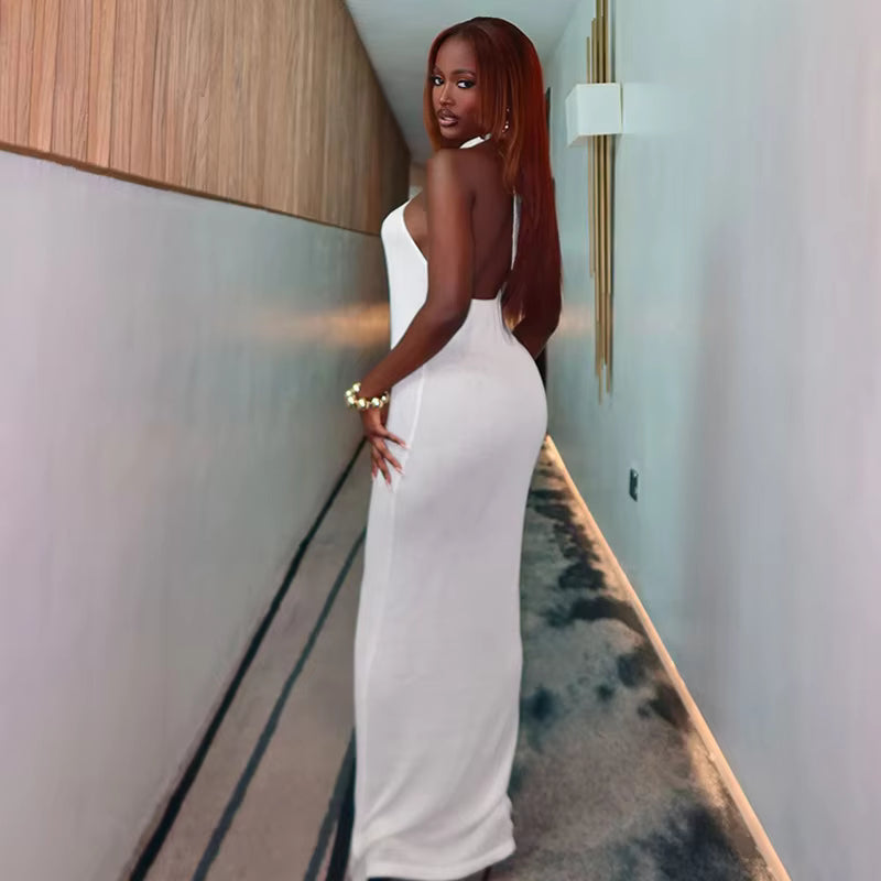Elegant Halter Hollow Out Off-shoulder Backless Bodycon Maxi Dress