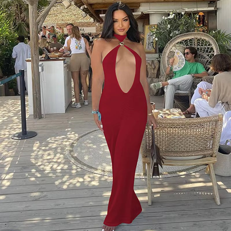 Elegant Halter Hollow Out Off-shoulder Backless Bodycon Maxi Dress