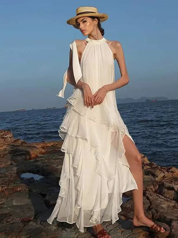 Elegant Halter Neck Backless Sleeveless Ruffles Layered Maxi Dress