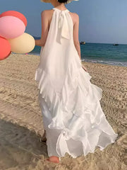 Elegant Halter Neck Backless Sleeveless Ruffles Layered Maxi Dress