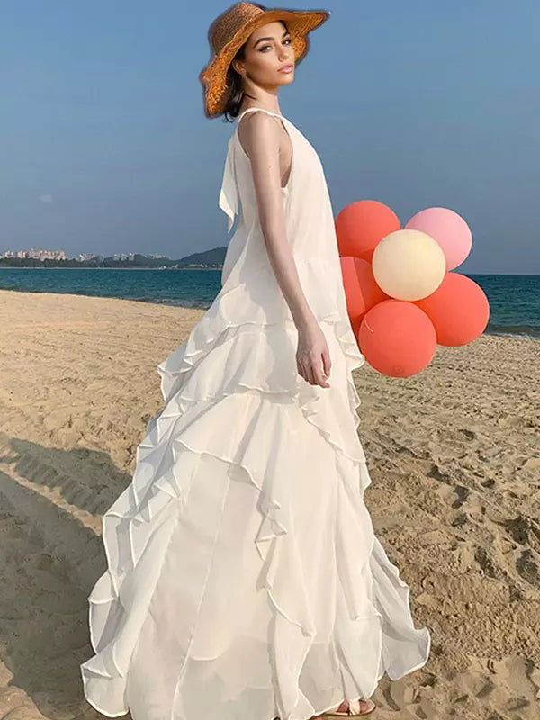 Elegant Halter Neck Backless Sleeveless Ruffles Layered Maxi Dress