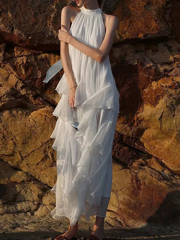 Elegant Halter Neck Backless Sleeveless Ruffles Layered Maxi Dress