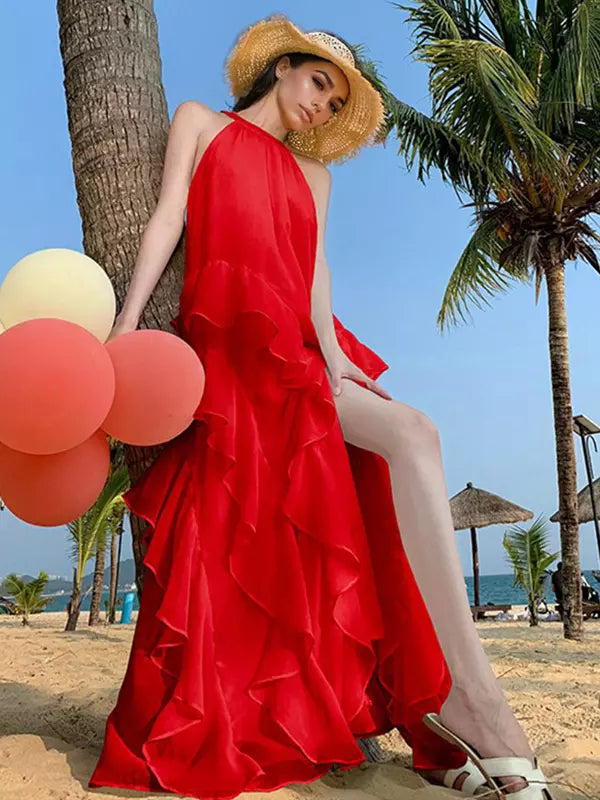 Elegant Halter Neck Backless Sleeveless Ruffles Layered Maxi Dress