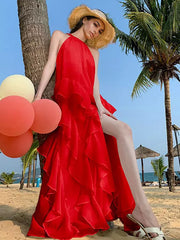 Elegant Halter Neck Backless Sleeveless Ruffles Layered Maxi Dress