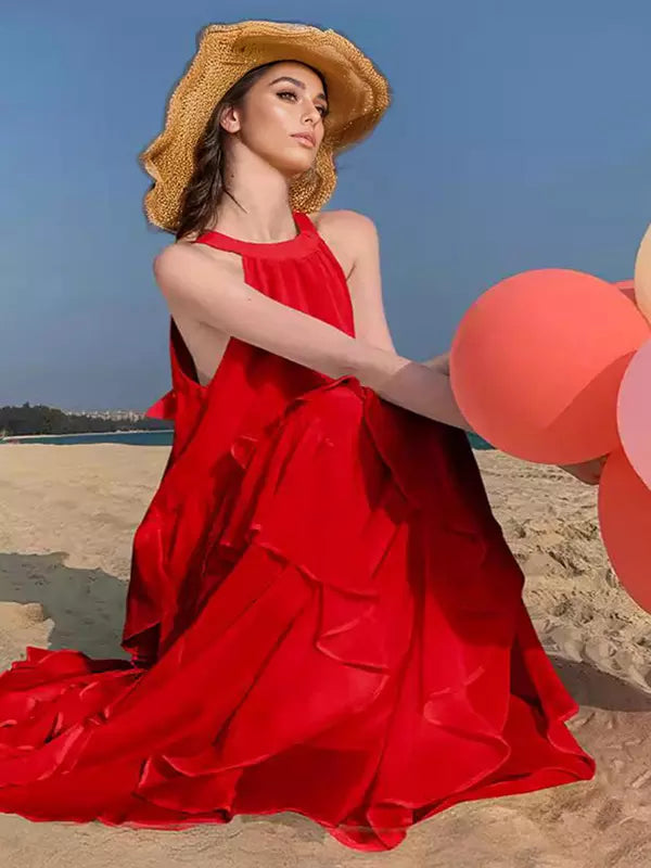 Elegant Halter Neck Backless Sleeveless Ruffles Layered Maxi Dress