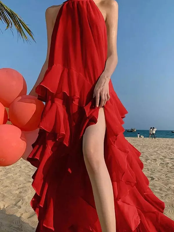 Elegant Halter Neck Backless Sleeveless Ruffles Layered Maxi Dress