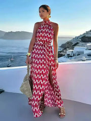 Elegant Halter Neck Boho Printed Sleeveless Maxi Dress