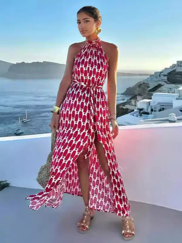 Elegant Halter Neck Boho Printed Sleeveless Maxi Dress