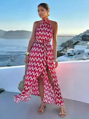 Elegant Halter Neck Boho Printed Sleeveless Maxi Dress