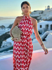 Elegant Halter Neck Boho Printed Sleeveless Maxi Dress