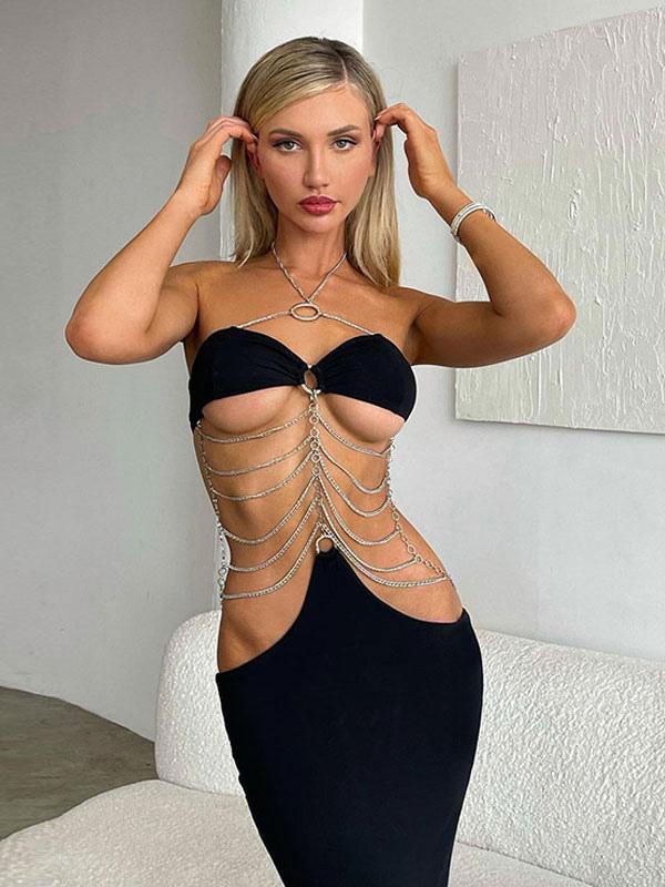 Elegant Halter Neck Chain Backless Maxi Dress