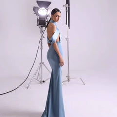 Elegant Halter Neck Criss-Cross Robes Backless Chiffon Prom Floor-Length Maxi Dress