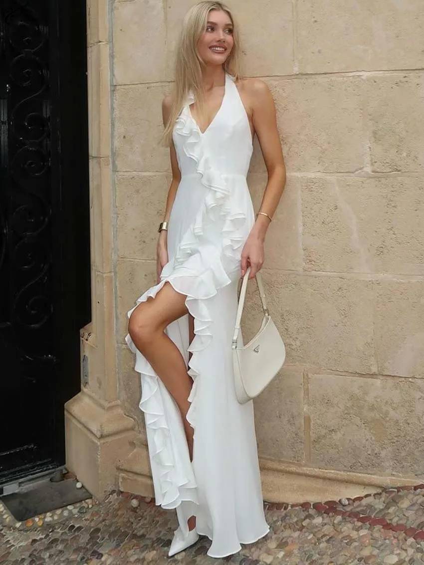 Elegant Halter Neck Open Back Ruffled Slim Side Slit Floor-Length Dress