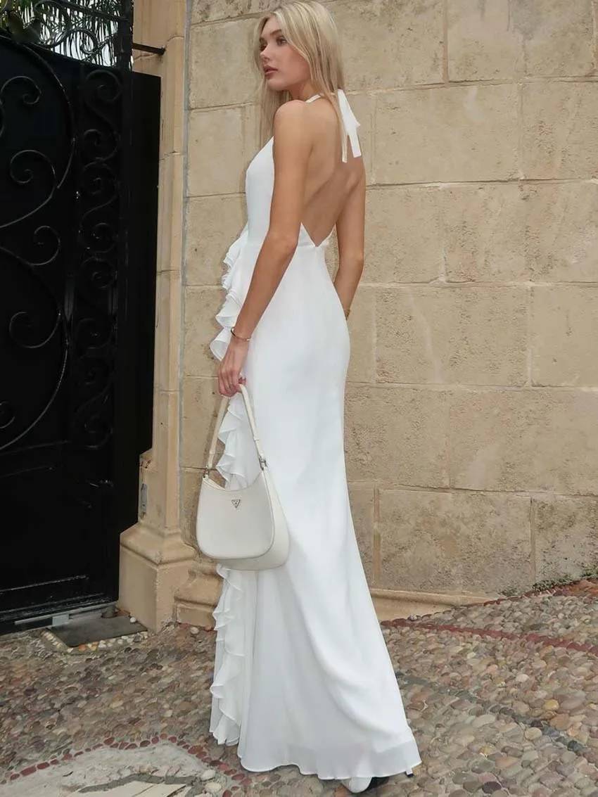 Elegant Halter Neck Open Back Ruffled Slim Side Slit Floor-Length Dress